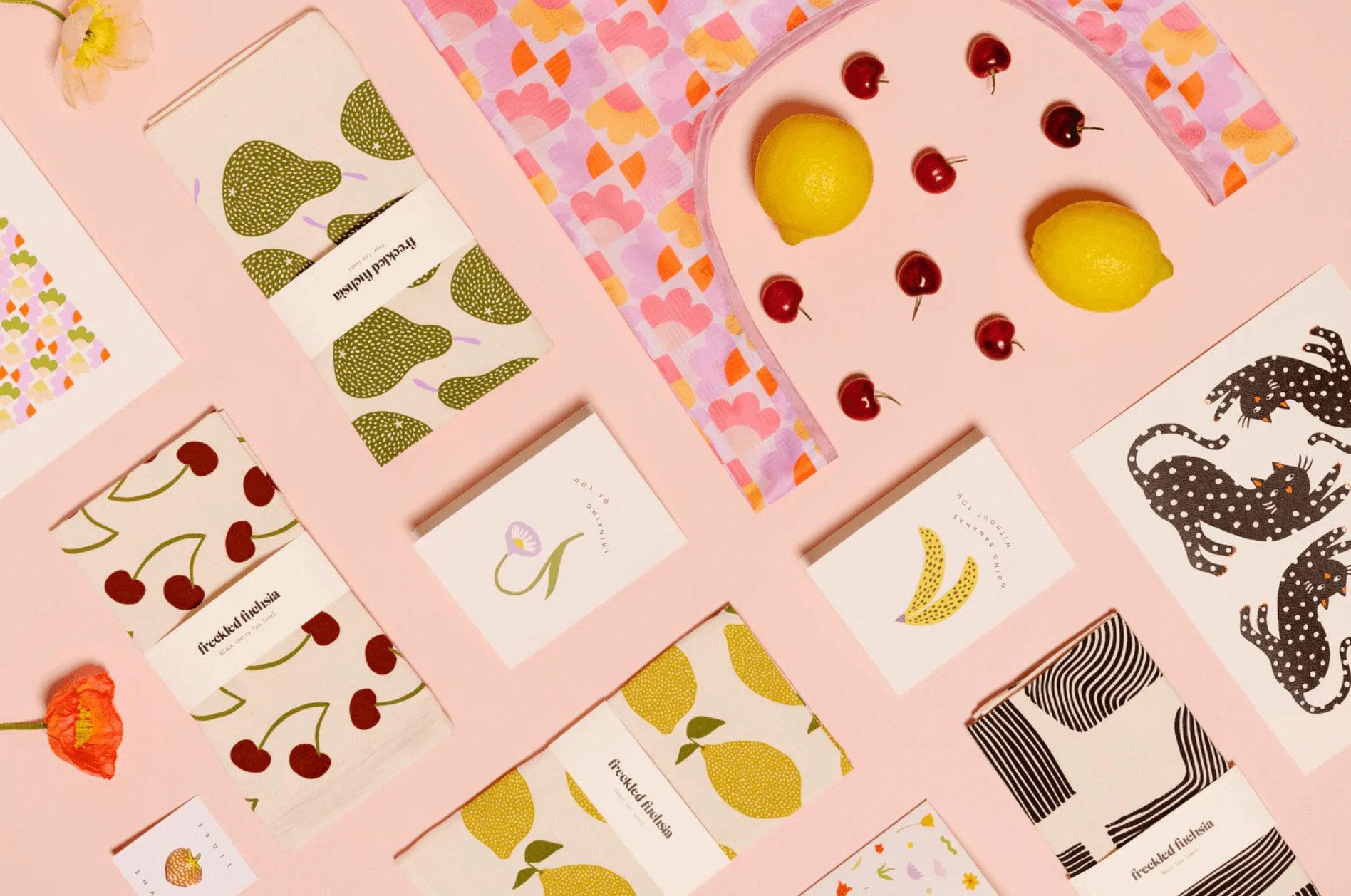 Freckled Fuchsia's screenprinted tea towels with lemons, pears, black cats and more
