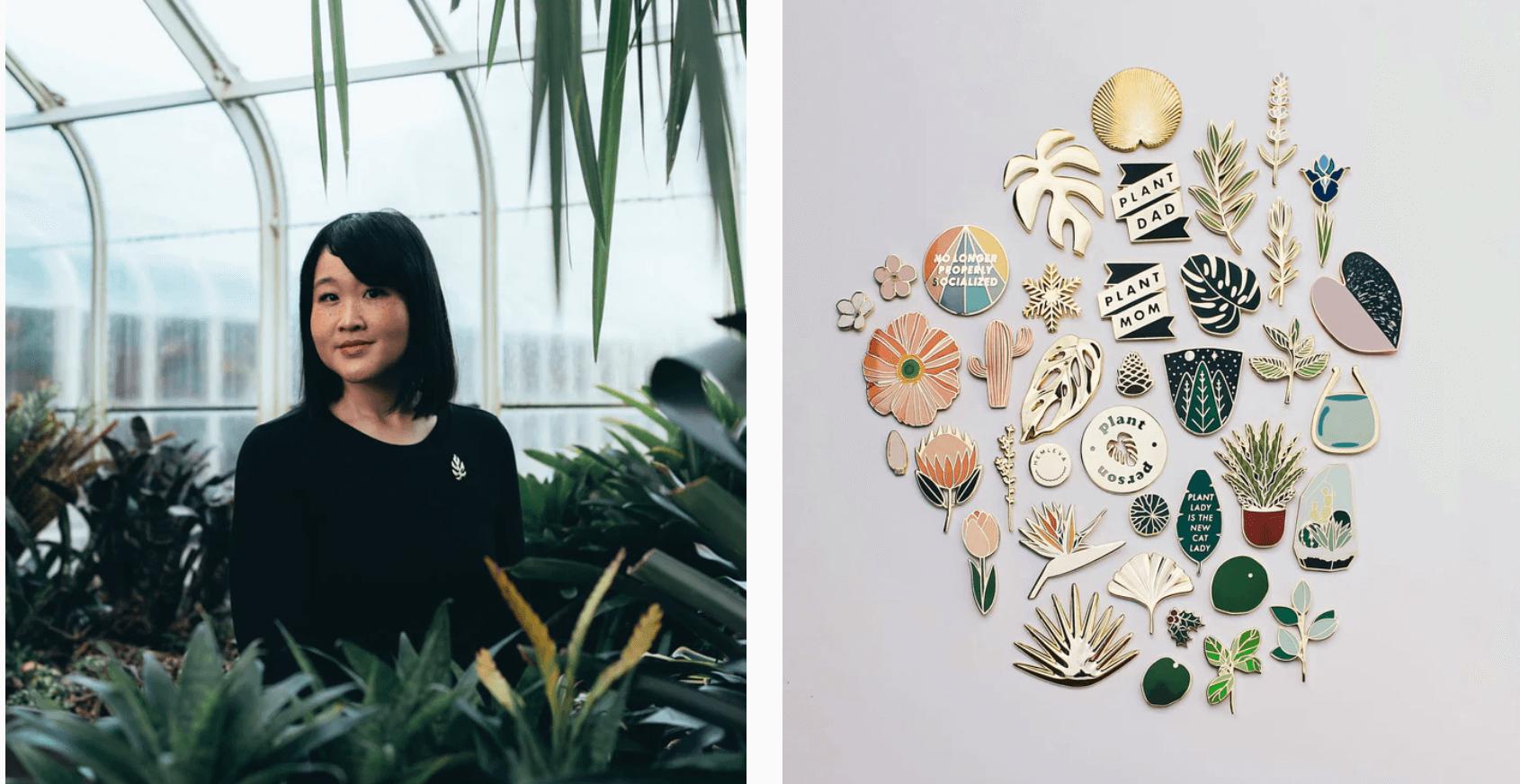 Hemleva owner Samantha Leung and her collection of nature inspired pins displayed