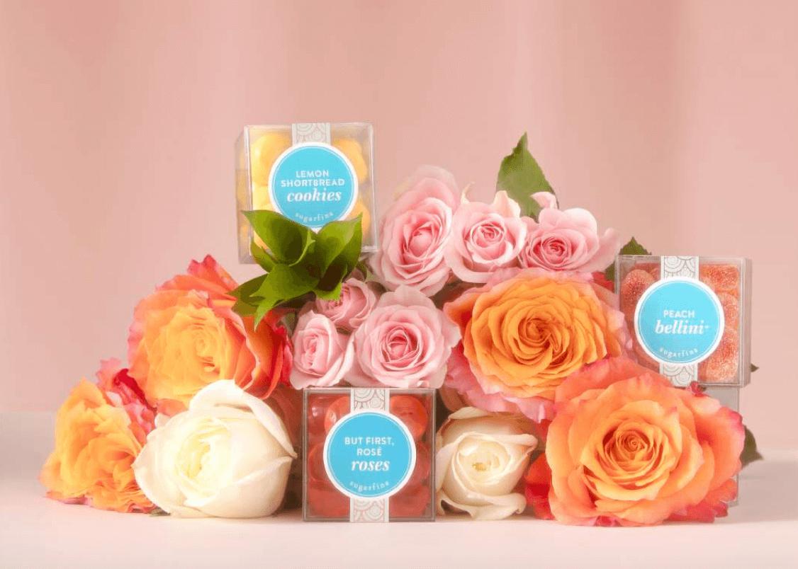 Sugarfina candy cubes stacked with flowers