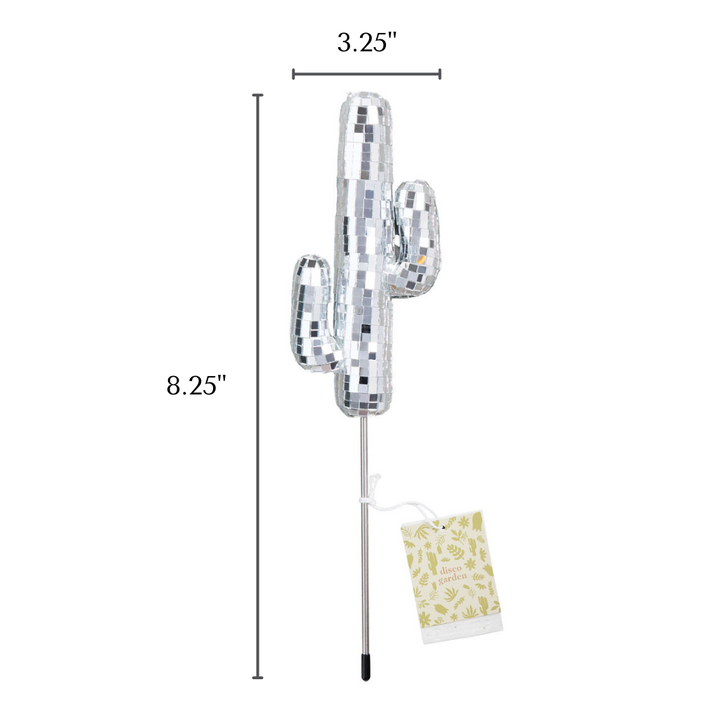 Cactus shaped mirror disco ball plant stake with plantable branded hangtag on white backgound measuring 3.25" wide and 8.25" tall