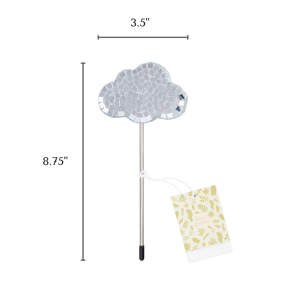 Decorative mirror ball plant stake shaped like a cloud with measurements listed - 3.5" W by 8.75" H and a botanical branded hangtag attached on a white background