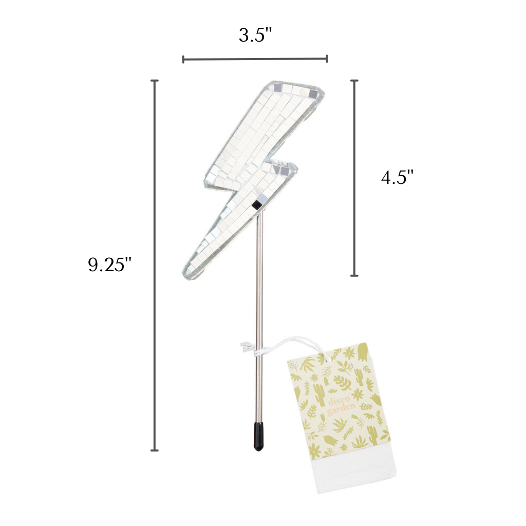 Lightning bolt shaped mirror disco ball plant stake with plantable branded hangtag on white backgound measuring 3.5" wide and 9.25" tall