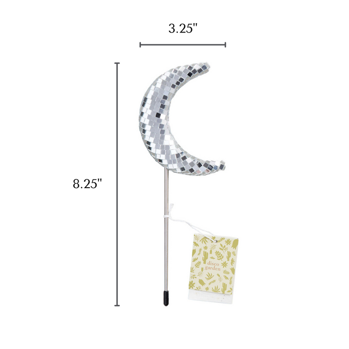 Decorative mirror ball plant stake shaped like a moon with measurements listed - 3.25" W by 8.25" H and a botanical branded hangtag attached on a white background