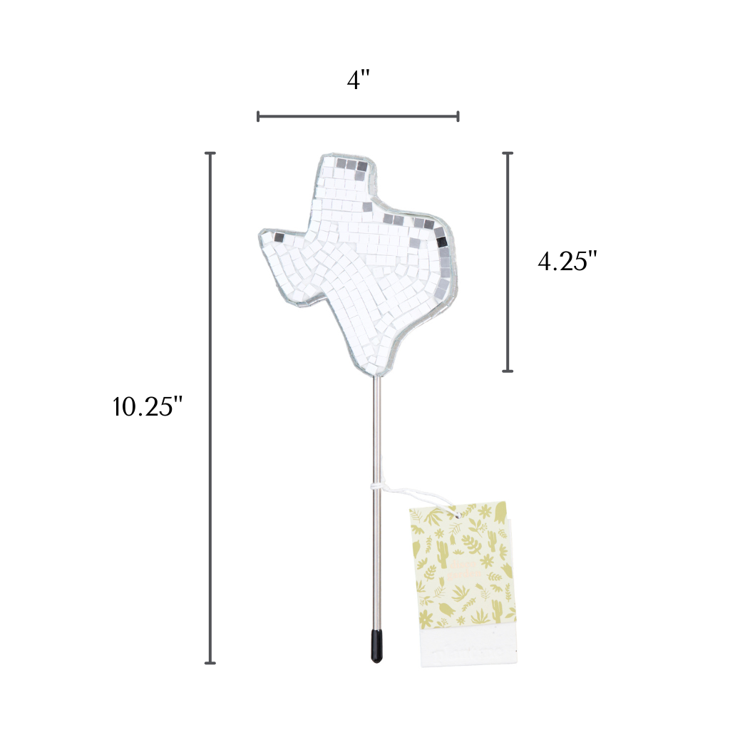 Texas state shaped mirror disco ball plant stake with plantable branded hangtag on white backgound measuring 4" wide and 10.25" tall