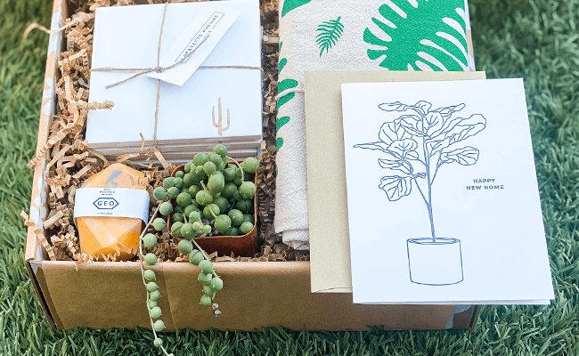 Paloverde gift box perfect for housewarming gift with soap, coasters, live plant and greeting card