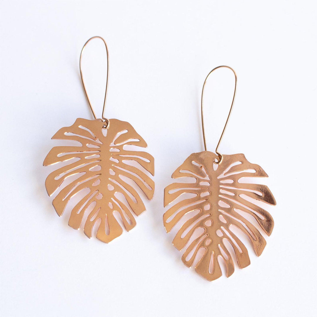monstera plant earrings Rose Gold Monstera Leaf Earrings