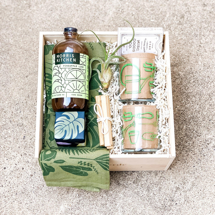 Housewarming gift box with air plants, garden glasses, mixer, candy