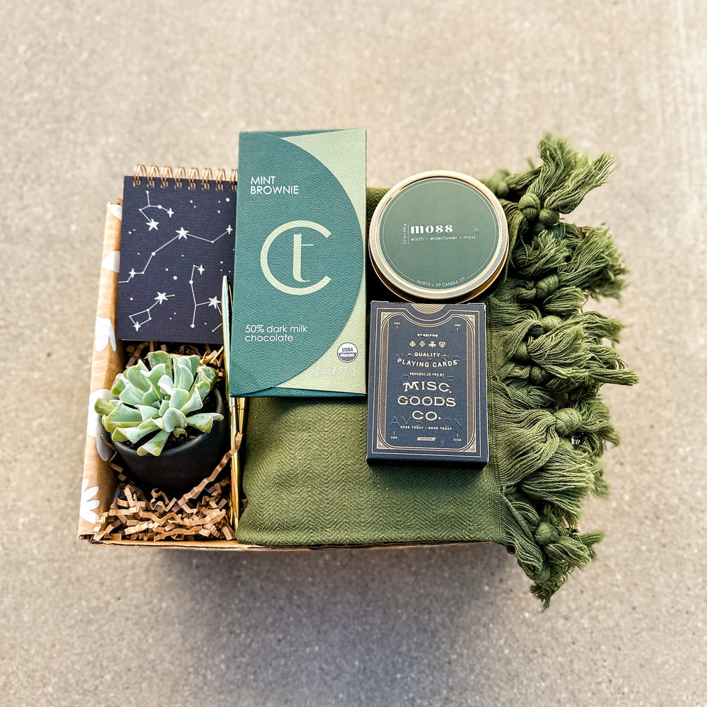 Camping themed gift box with live succulent plant