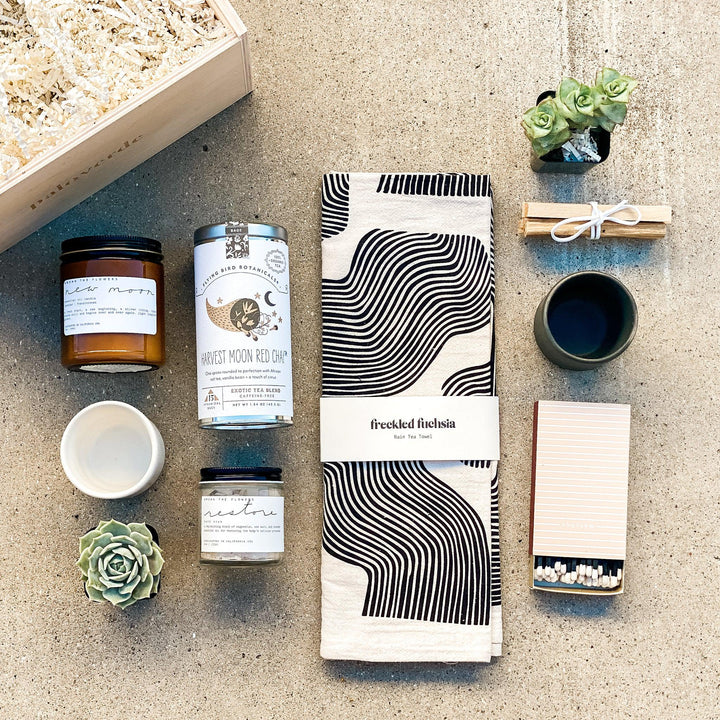 Lay flay of New Moon curated gift box with succulent plants and botanical gifts