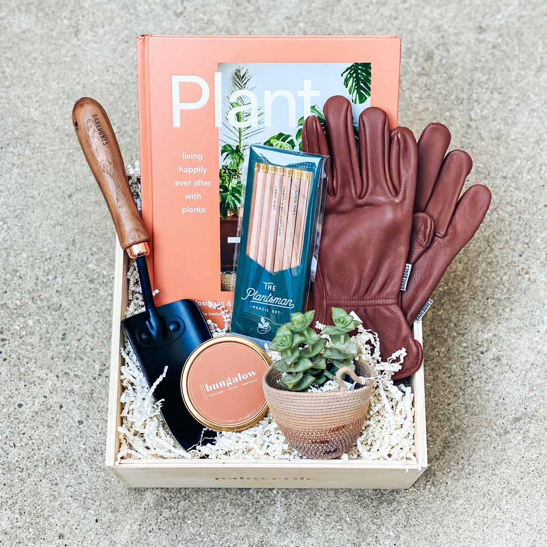 New home gift box with Plant Bungalow book, garden tools, candle